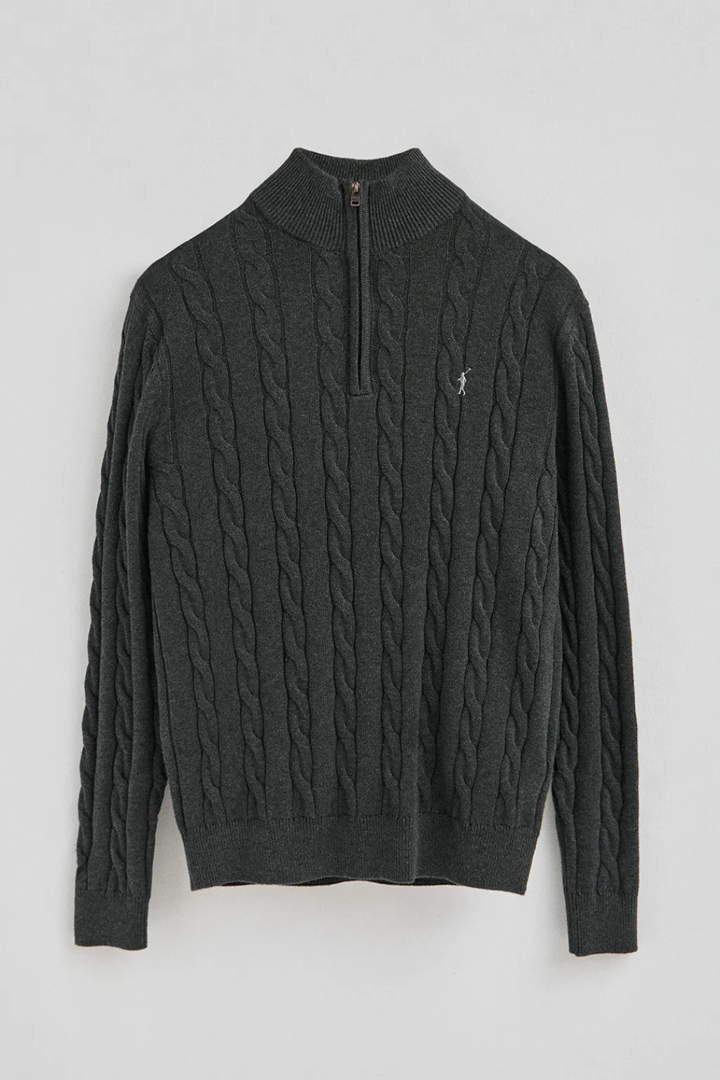 Polo Club Pulls*Pull gris foncé chiné en maille tressée en laine mélangée avec fermeture éclair partielle et broderie Rigby Go Vigoré Gris Foncé