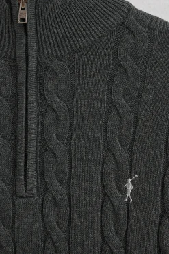 Polo Club Pulls*Pull gris foncé chiné en maille tressée en laine mélangée avec fermeture éclair partielle et broderie Rigby Go Vigoré Gris Foncé