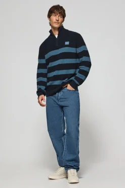 Polo Club Pulls*Pull Julen bleu et denim avec rayures et logo Bleu Marine
