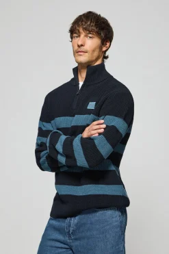 Polo Club Pulls*Pull Julen bleu et denim avec rayures et logo Bleu Marine