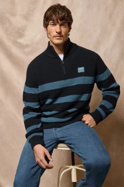 Polo Club Pulls*Pull Julen bleu et denim avec rayures et logo Bleu Marine
