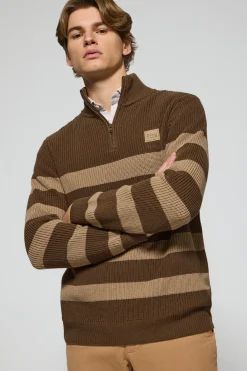 Polo Club Pulls*Pull Julen marron et sable avec rayures et logo Brun