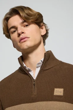 Polo Club Pulls*Pull Julen marron et sable avec rayures et logo Brun