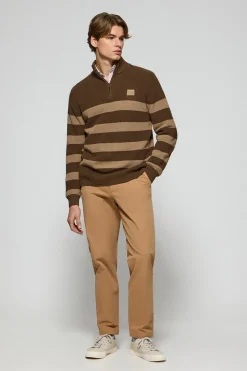 Polo Club Pulls*Pull Julen marron et sable avec rayures et logo Brun