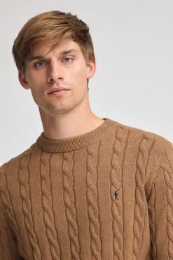 Polo Club Pulls*Pull marron chiné en maille tressée en laine mélangée avec broderie Rigby Go Brun Chiné