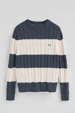 Polo Club Pulls*Pull rayé bleu denim écru avec en maille tressée et écusson Denim-Écru Blanc