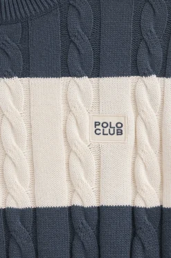 Polo Club Pulls*Pull rayé bleu denim écru avec en maille tressée et écusson Denim-Écru Blanc