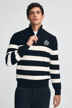 Polo Club Pulls*Pull rayé bleu marine et écru avec écusson nautique Bleu Marine-Écru