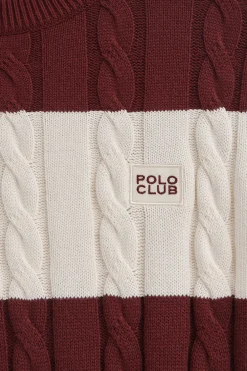Polo Club Pulls*Pull rayé grenat et écru avec en maille tressée et écusson Grenat-Écru Blanc