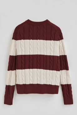 Polo Club Pulls*Pull rayé grenat et écru avec en maille tressée et écusson Grenat-Écru Blanc