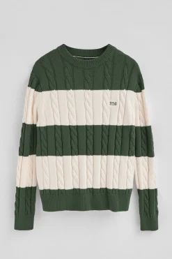 Polo Club Pulls*Pull rayé vert boue et écru avec en maille tressée et écusson Vert Boue-Écru Blanc