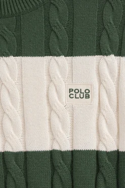 Polo Club Pulls*Pull rayé vert boue et écru avec en maille tressée et écusson Vert Boue-Écru Blanc