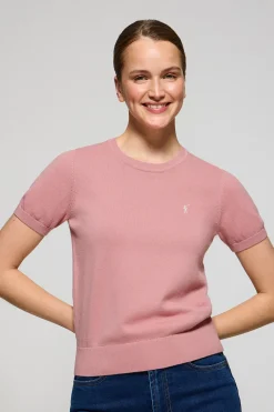 Polo Club Pulls|T-Shirts*Pull rose pastel en maille à col ras du cou à manches courtes et Rigby Go brodé Rose poudré