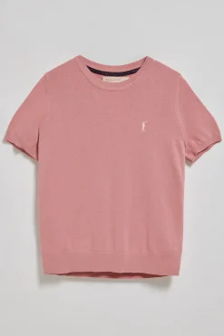 Polo Club Pulls|T-Shirts*Pull rose pastel en maille à col ras du cou à manches courtes et Rigby Go brodé Rose poudré