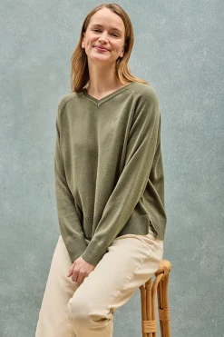 Polo Club Pulls*Pull vert clair à col en V en coton et en lin avec un monogramme brodé Vert sauge
