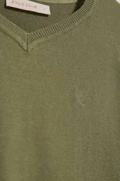 Polo Club Pulls*Pull vert clair à col en V en coton et en lin avec un monogramme brodé Vert sauge