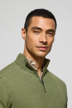 Polo Club Pulls*Pull vert clair à fermeture éclair partielle garment dye et logo brodé Vert sauge
