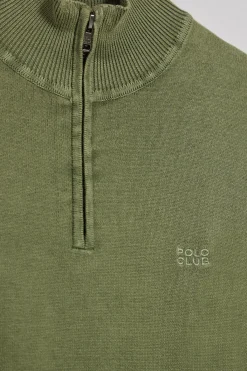 Polo Club Pulls*Pull vert clair à fermeture éclair partielle garment dye et logo brodé Vert sauge