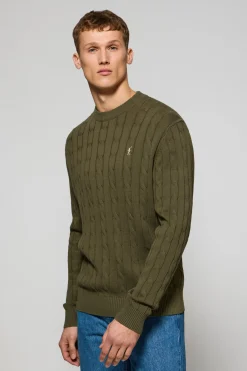 Polo Club Pulls*Pull vert clair en maille tressée à col ras du cou et logo Rigby Go Vert sauge