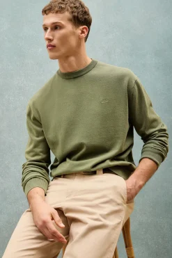 Polo Club Pulls*Pull vert clair garment dye à col ras du cou et logo brodé Vert sauge