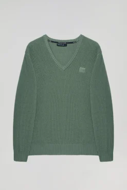 Polo Club Pulls*Pull vert en maille en jauge 9 avec détail Vert forêt foncé