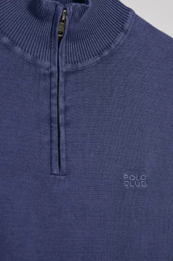 Polo Club Pulls*Pull violet bleuté à fermeture éclair partielle garment dye et logo brodé Bleu Violet