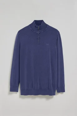 Polo Club Pulls*Pull violet bleuté à fermeture éclair partielle garment dye et logo brodé Bleu Violet