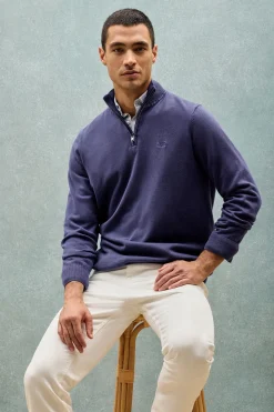 Polo Club Pulls*Pull violet bleuté à fermeture éclair partielle garment dye et logo brodé Bleu Violet