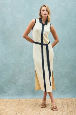 Polo Club Robes*Robe côtelée couleur crème sans manches avec bouton nacré Beige