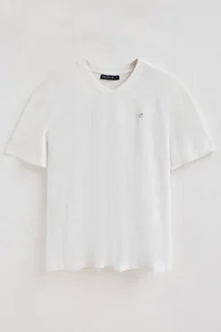 Polo Club T-Shirts*T-shirt en lin et coton à col en V avec monogramme brodé Blanc