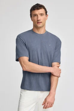 Polo Club T-Shirts*T-shirt bleu en lin et coton à col ras du cou avec monogramme brodé Denim