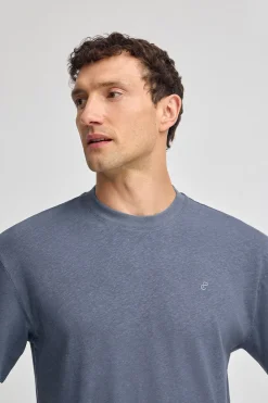 Polo Club T-Shirts*T-shirt bleu en lin et coton à col ras du cou avec monogramme brodé Denim