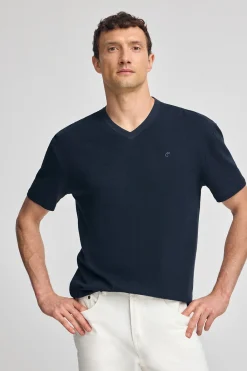 Polo Club T-Shirts*T-shirt en lin et coton à col en V avec monogramme brodé Bleu Marine