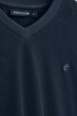 Polo Club T-Shirts*T-shirt en lin et coton à col en V avec monogramme brodé Bleu Marine
