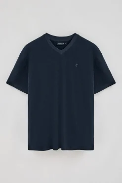 Polo Club T-Shirts*T-shirt en lin et coton à col en V avec monogramme brodé Bleu Marine