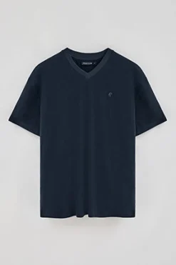 Polo Club T-Shirts*T-shirt en lin et coton à col en V avec monogramme brodé Bleu Marine
