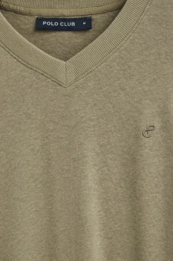 Polo Club T-Shirts*T-shirt vert en lin et coton à col en V avec monogramme brodé Vert sauge